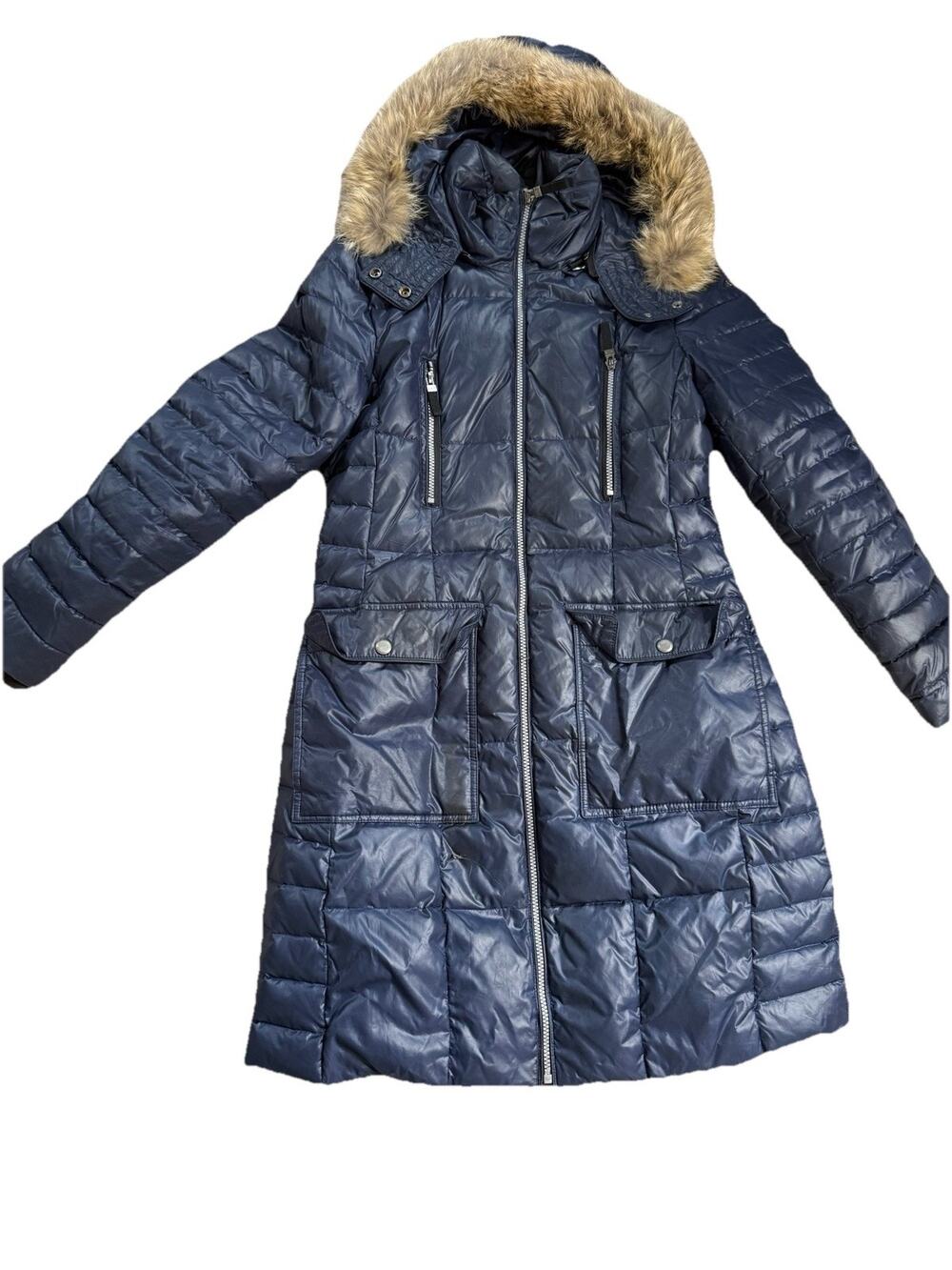ANDREW MARC NEW YORK Winter Down Parka M Hooded Real Fur Trim Long Jacket Blue